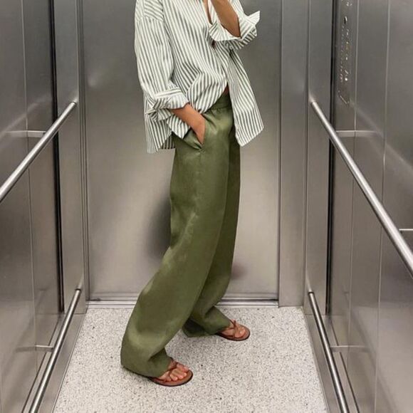 ZARA 100% LINEN STRAIGHT LEG PANTS - Picture 5 of 8